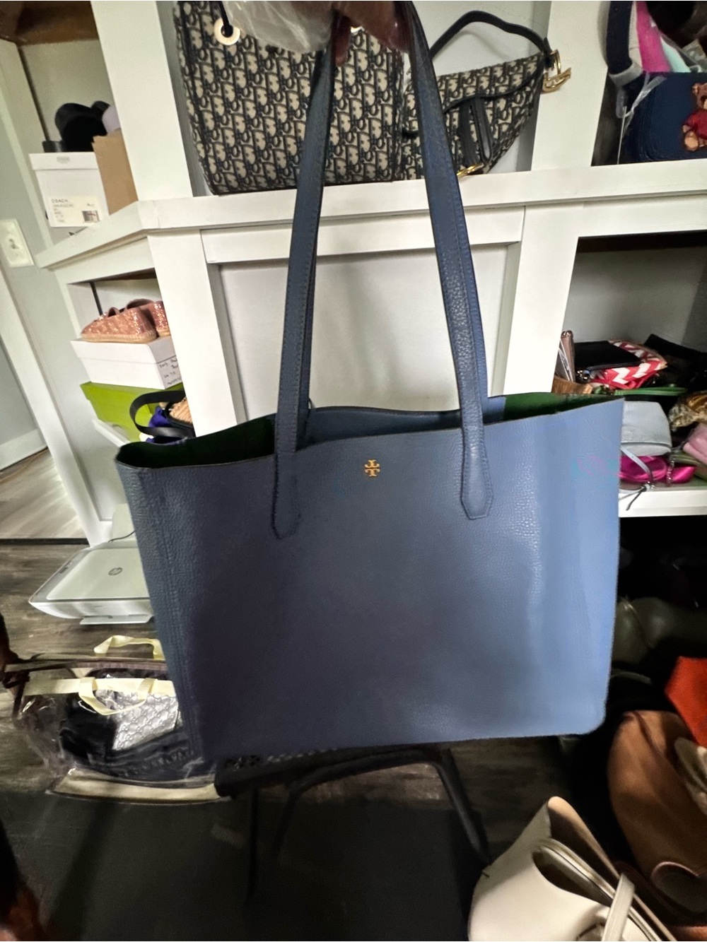 Tory Burch Navy Blue Leather Reversible Tote with Green Interior